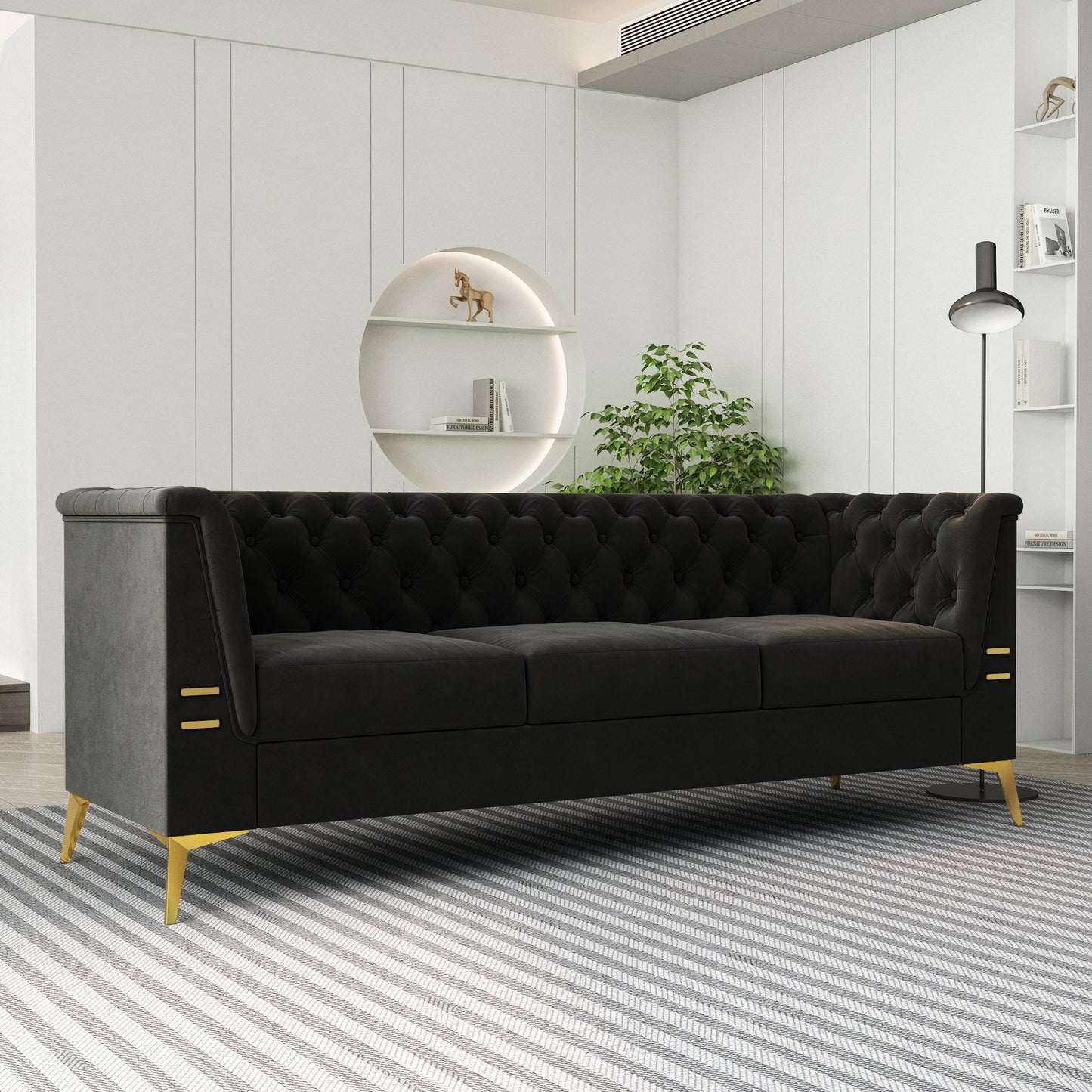 FX-P83-BK2(SOFA) Luxurious Black Velvet Sofa with Gold Legs - Modern Chesterfield Design, Tufted Upholstery, 3-Seat Couch for Living Room and Office