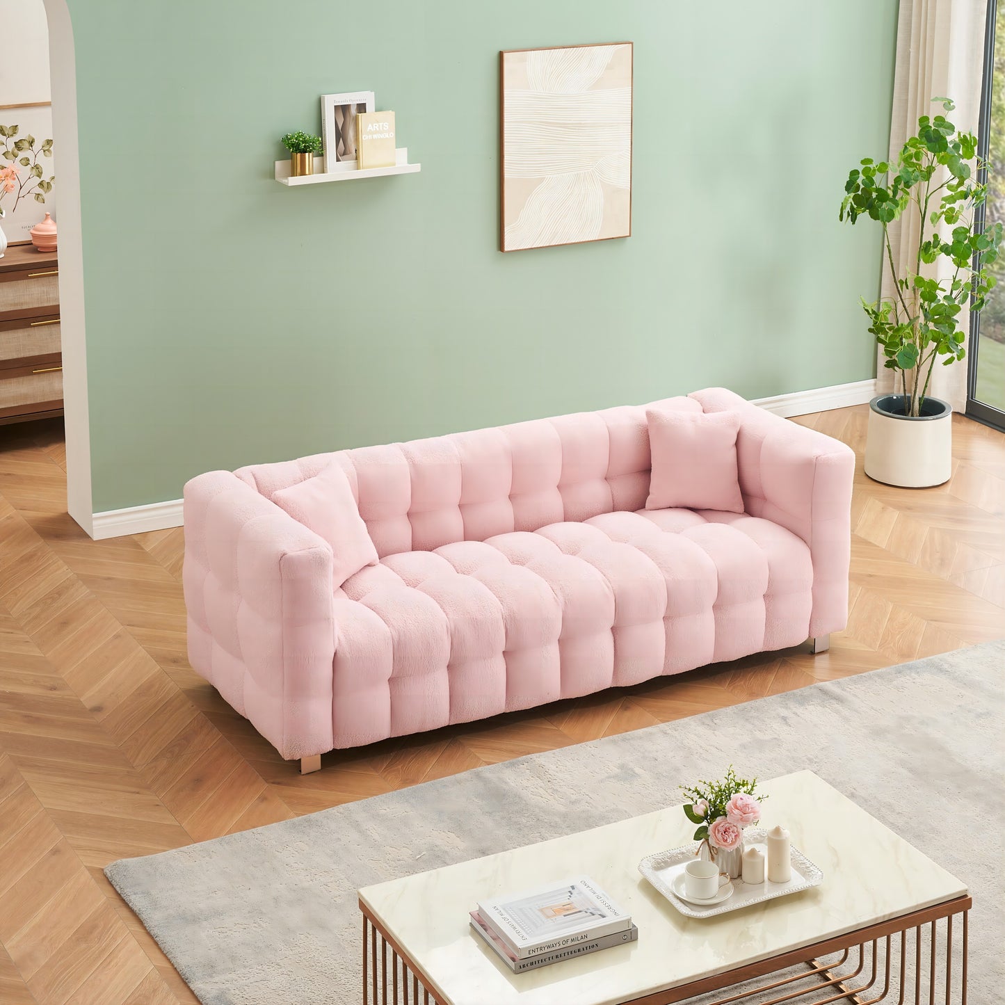 Stylish Addition: Pink Teddy Fleece Sofa - 80 Inch, Perfect for Living Room or Bedroom, Complete with Two Throw Pillows and Sturdy Hardware Foot Support