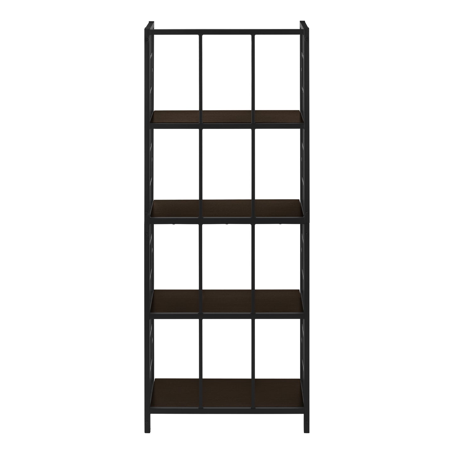 Bookshelf, Bookcase, Etagere, 4 Tier, 62"h, Office, Bedroom, Brown Laminate, Black Metal, Contemporary, Modern