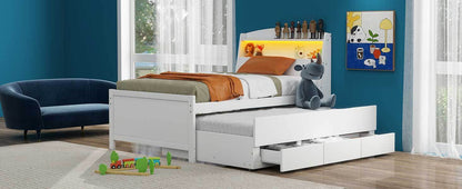 Twin Size Platform Bed with Storage LED Headboard, Twin Size Trundle and 3 Drawers, White