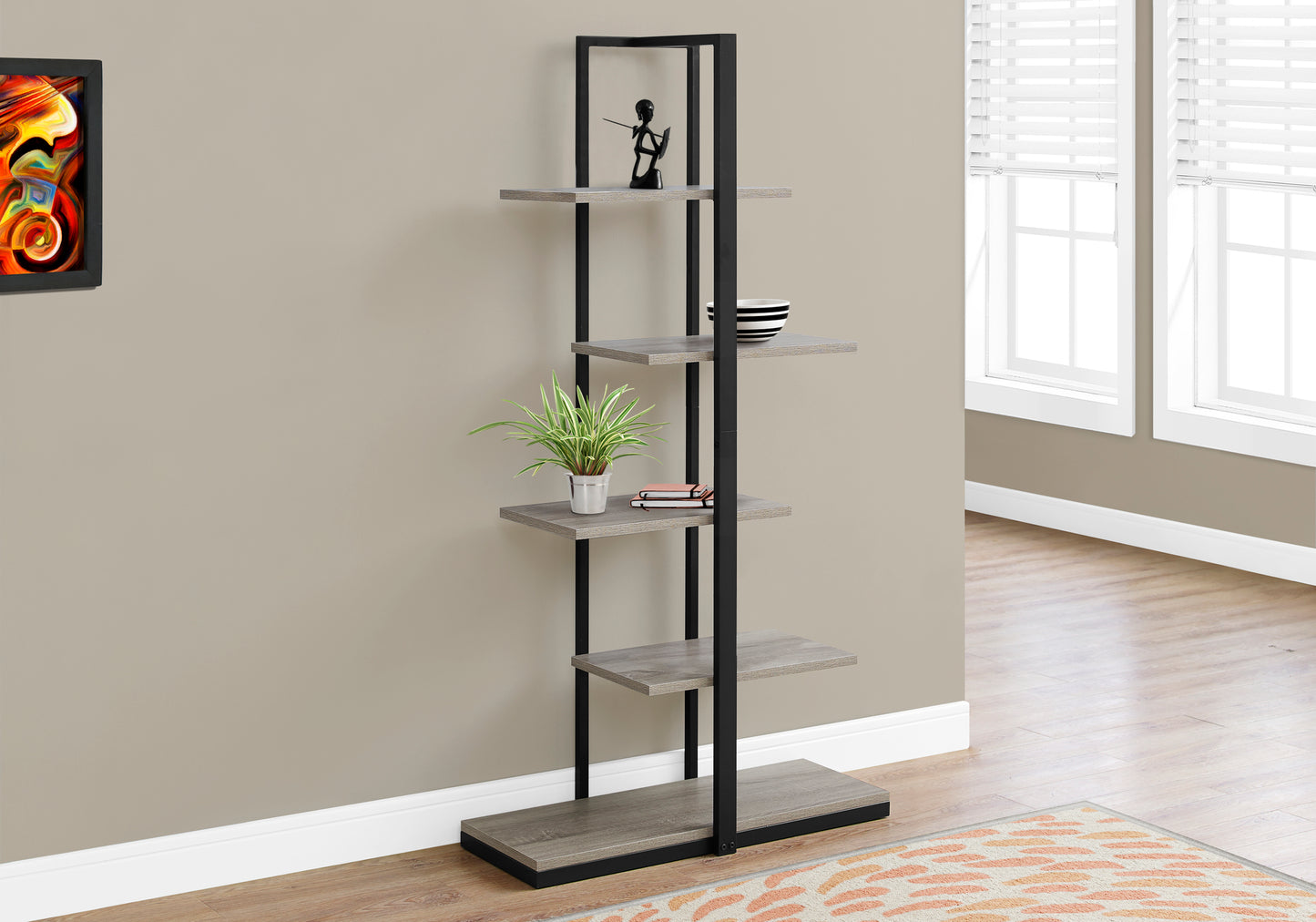 Bookshelf, Bookcase, Etagere, 5 Tier, 60"h, Office, Bedroom, Brown Laminate, Black Metal, Contemporary, Modern