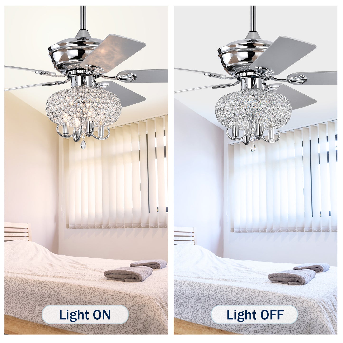 52 inch Crystal Ceiling Fan with Lights Fandelier Chandelier Reversible Blades 3 Wind Speeds Remote Control for Bedroom Living Dining Room--Chrome