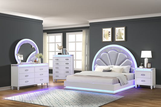 Queen 5 Pc LED Bedroom Set Made with Wood in Milky White