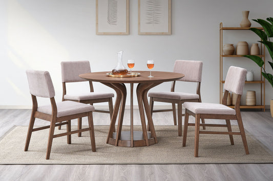 Seda 5Pcs Walnut Finish Round Table w/Dusty Mauve Corduroy Chair Dining Set