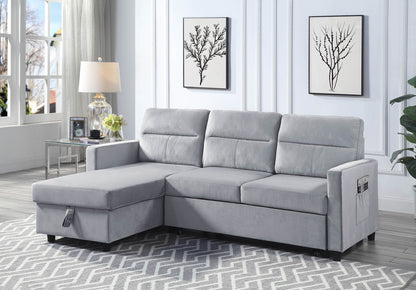 Ivy 81.5" Light Gray Velvet Reversible Sleeper Sectional Sofa with Storage Chaise and Side Pocket