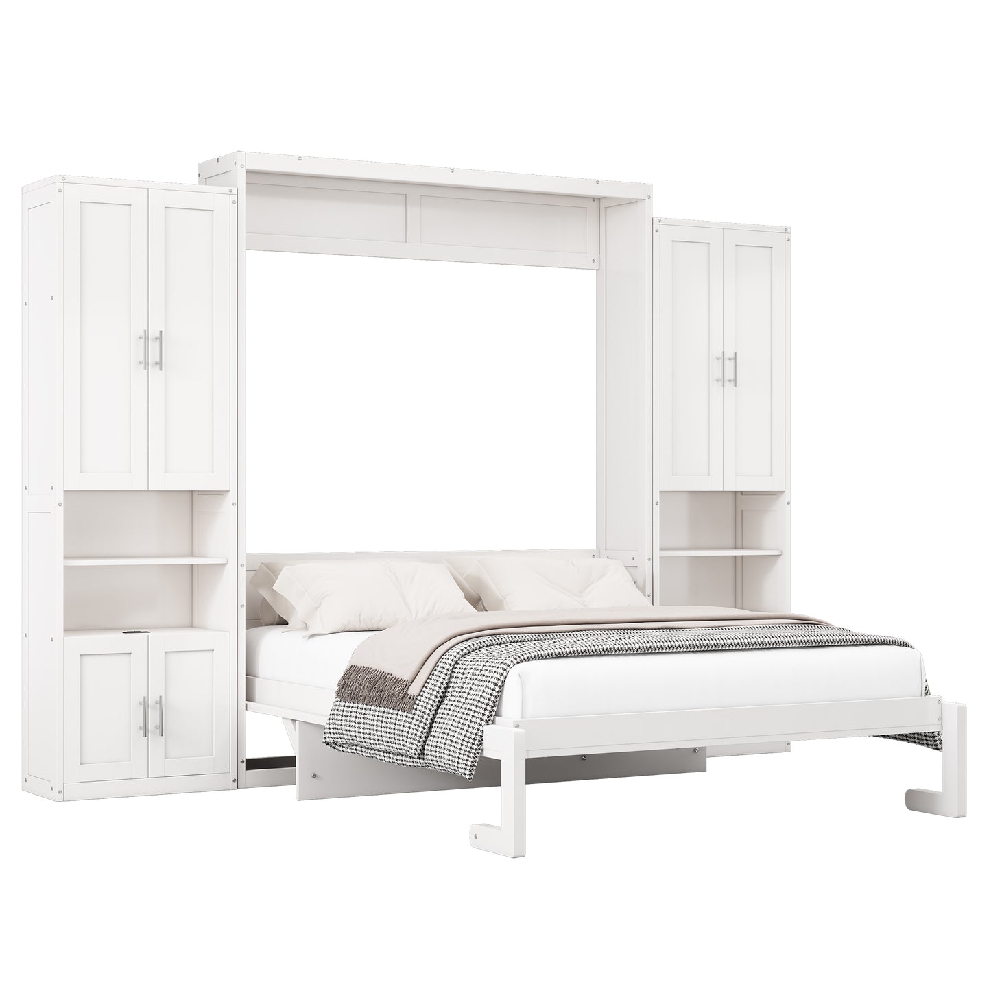 Queen Size Murphy Bed with 2 Side Cabinet Storage Shelves, 68-inch Cabinet Bed Folding Wall Bed with Desk Combo Perfect for Guest Room, Study, Office,White(old sku:BS400192AAC)