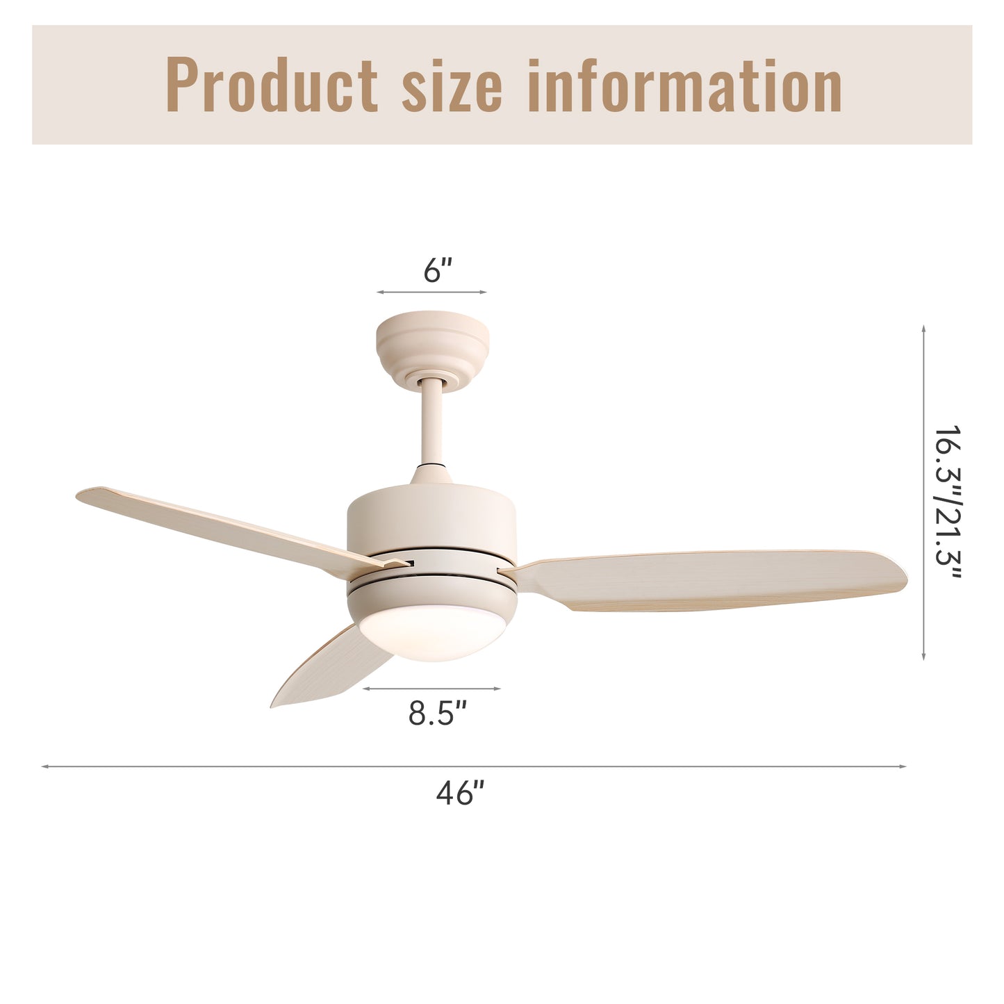46 Inch Ceiling Fan with Lights 3 ABS Blades 6-speed DC Motor Remote Control for Living Room