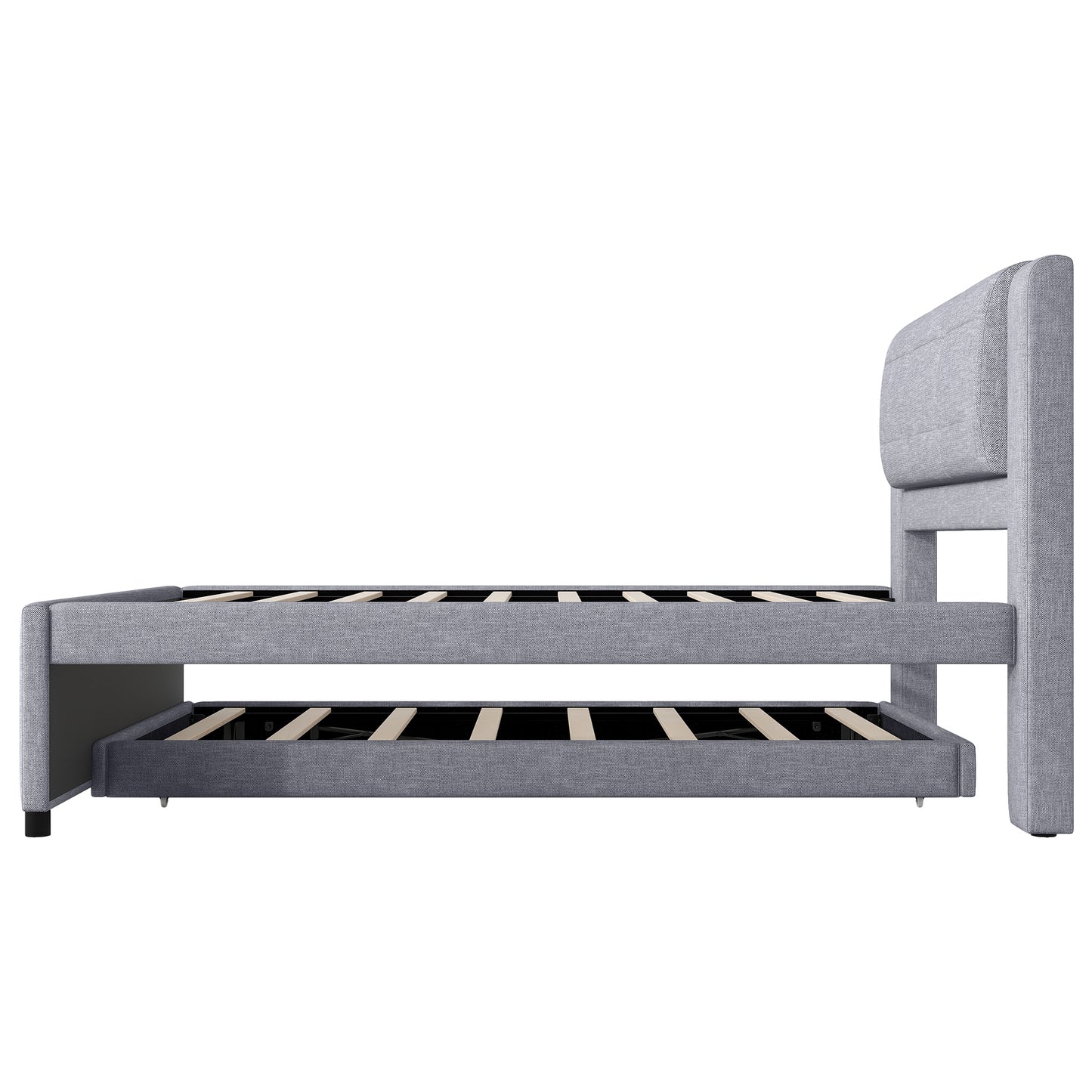 Full Size Upholstery platform bed with Trundle,Trundle can be flat or erected, Gray