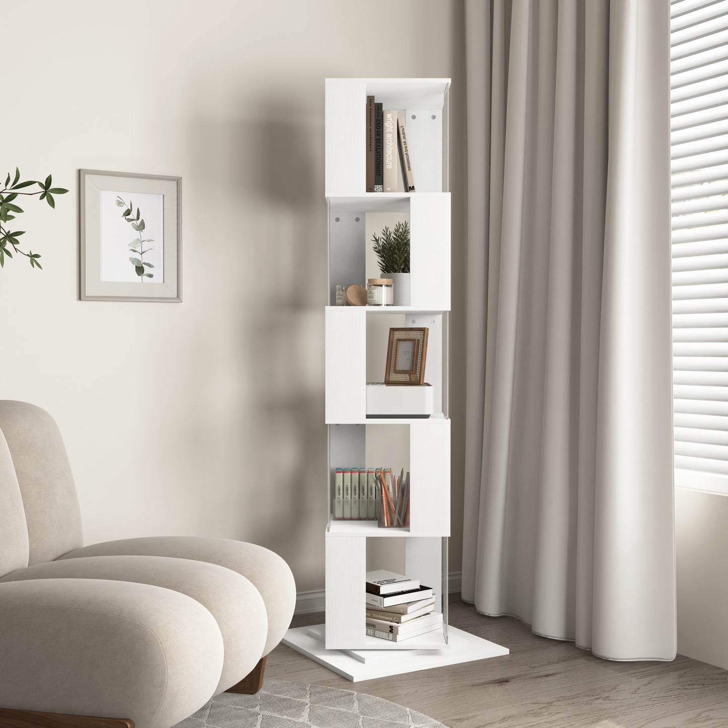 5 tier Rotating Bookshelf, Floor Rack Simple Bookcase  with Acrylic plate Student Multi-Function Creative Bookshelf for Living Room with anti-toppling base