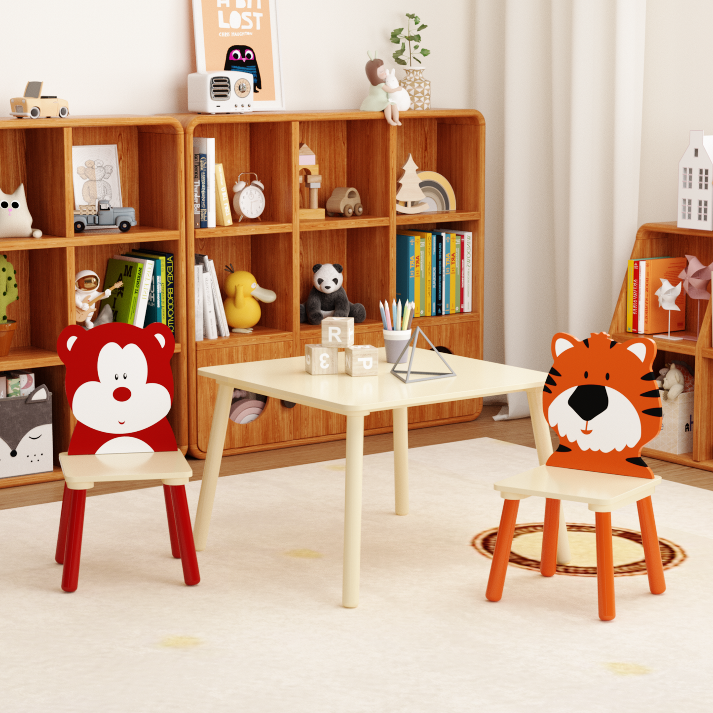 Kids Table and 2 Chairs Set, 3 Pieces Toddler Table and Chair Set, Wooden Activity Play Table Set (Bear&Tiger)