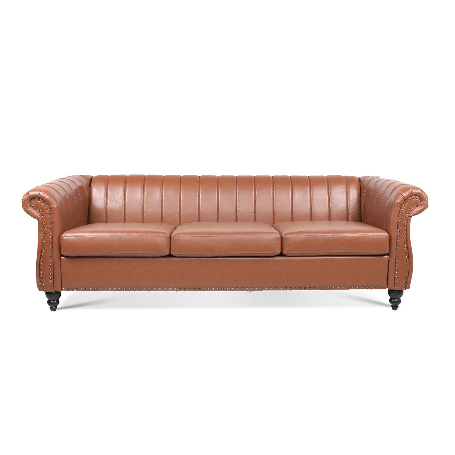 83.46" Brown PU Rolled Arm Chesterfield Three Seater Sofa.