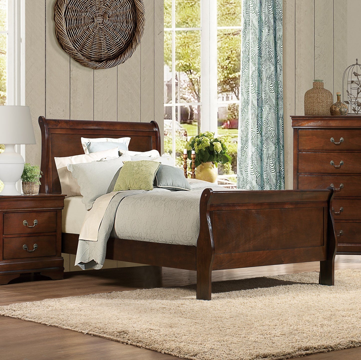 Classic Louis Philipe Style Twin Size Bed Brown Cherry Finish 1pc Traditional Design Bedroom Furniture Sleigh Bed