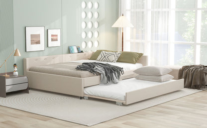 Queen Size Upholstered Platform Bed with USB and Twin Size Trundle, Beige