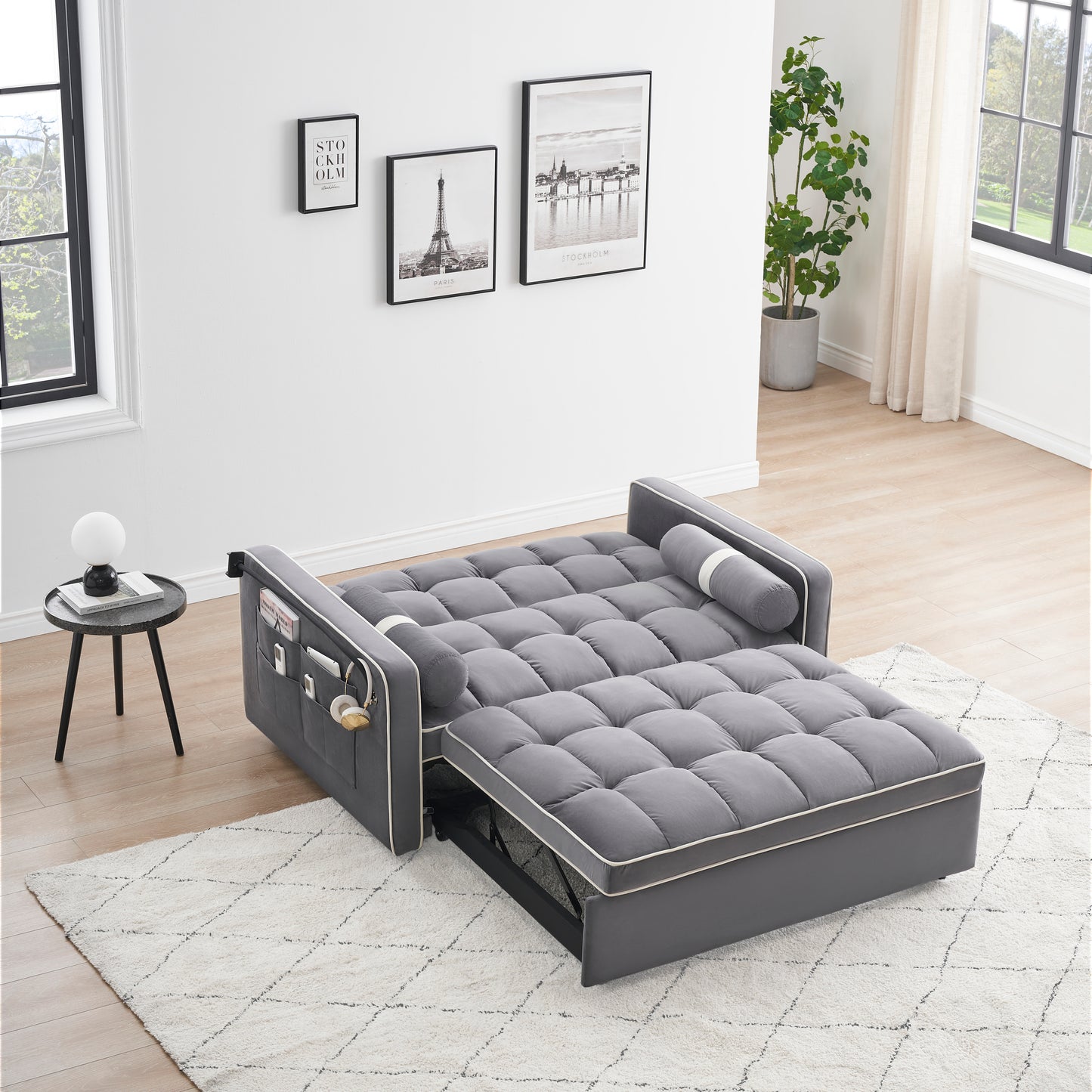 Sleeper Sofa Couch w/Pull Out Bed, 55" Modern Velvet Convertible Sleeper Sofa Bed, Small Love seat Sofa Bed w/Pillows & Side Pockets for Small Space, Living Room, Apartment,Gray