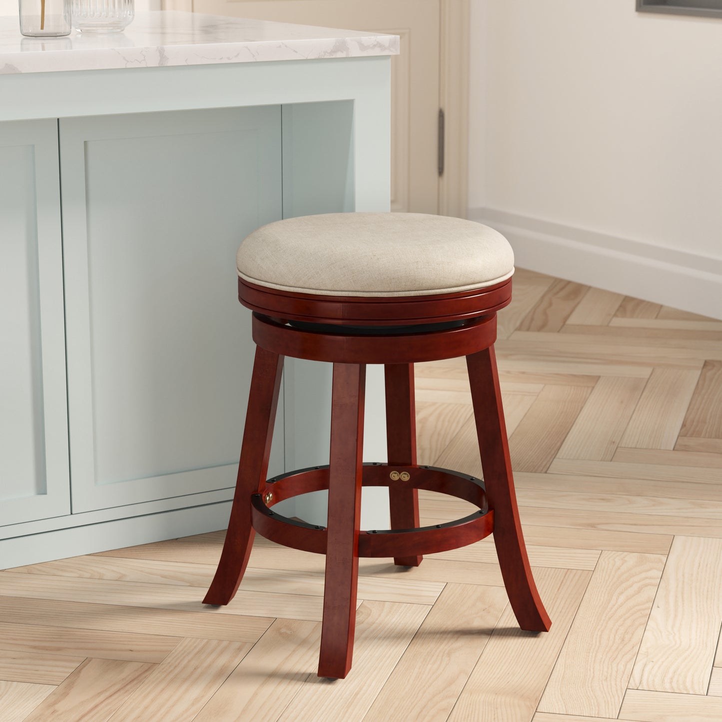 24" Counter Stool, Cherry Finish, Beige Fabric Seat