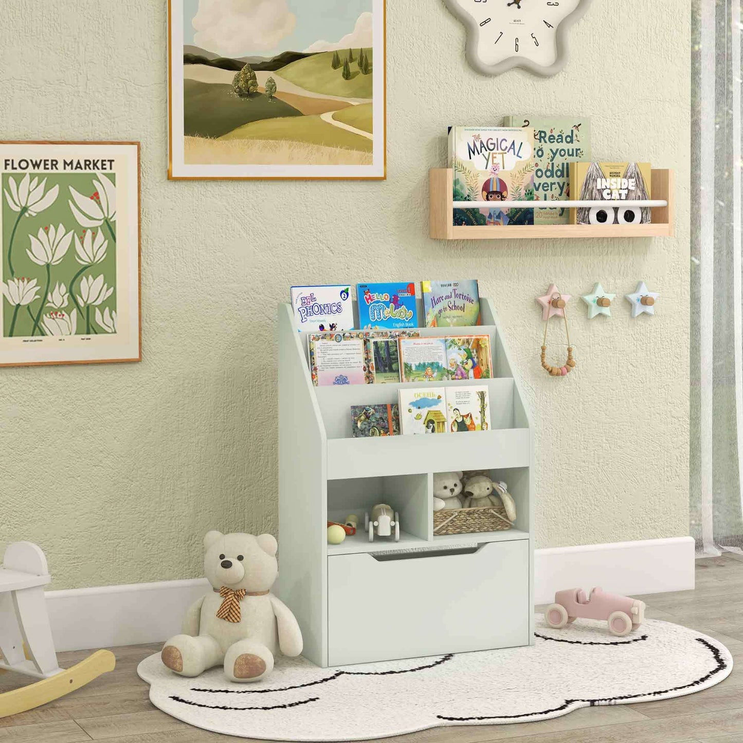 HOMCOM Kids Bookcase Multi-Shelf Rack Organizer with Storage Drawer for Books, Playroom, Pale Green