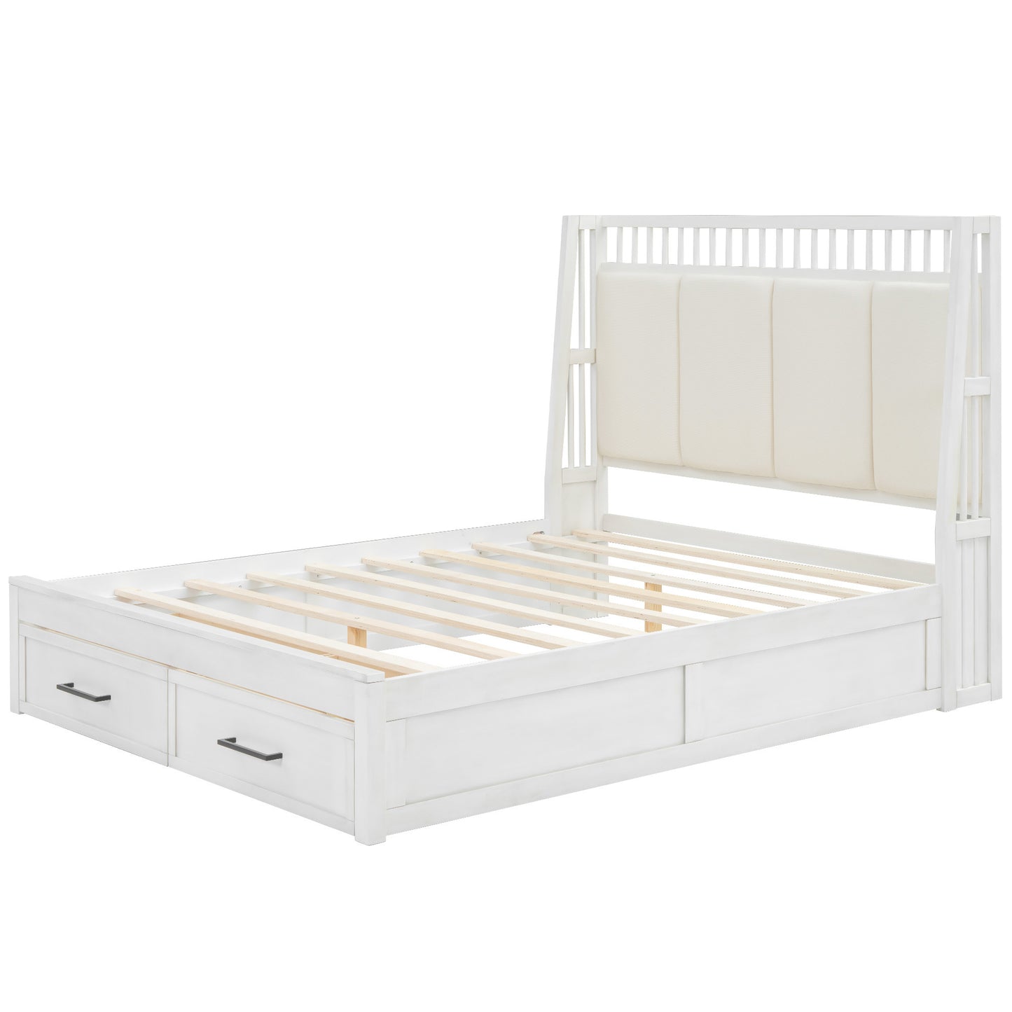 Queen Size Wood Platform Bed with Upholstered Headboard and 2 Drawers, Antique White