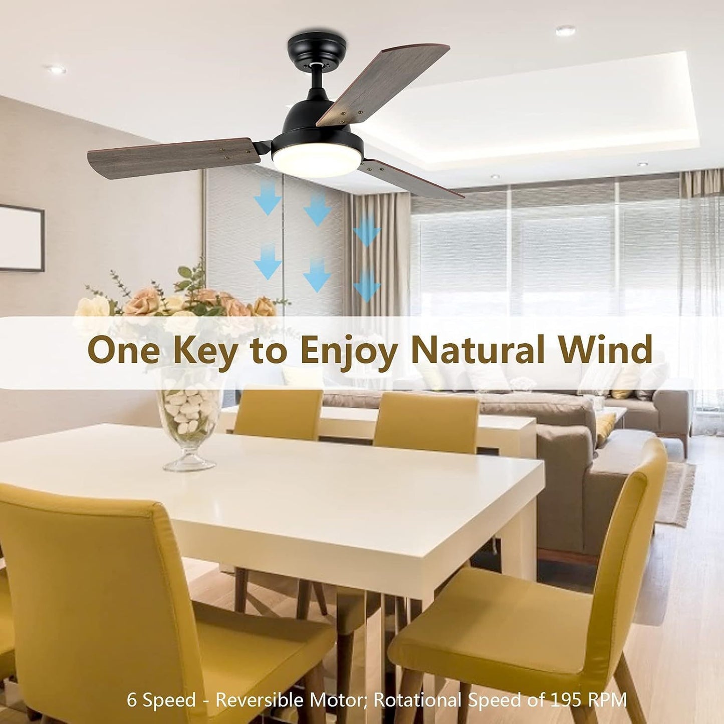 44-inch Ceiling Fan with LED Light and Remote Control, 6-Speed Modes, 2 Rotating Modes, Timer