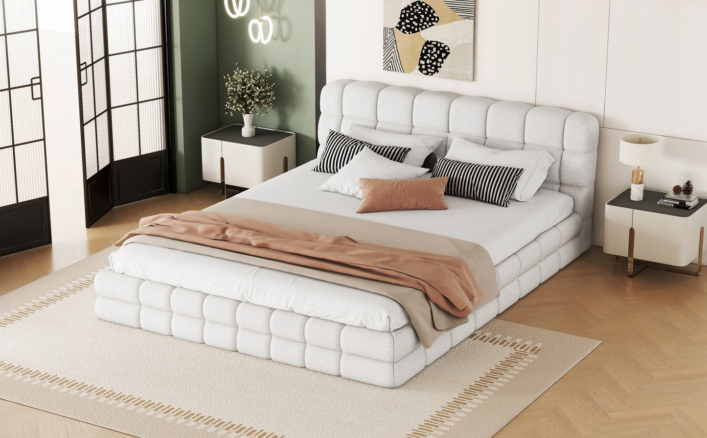 Queen Size Upholstered Platform Bed, White