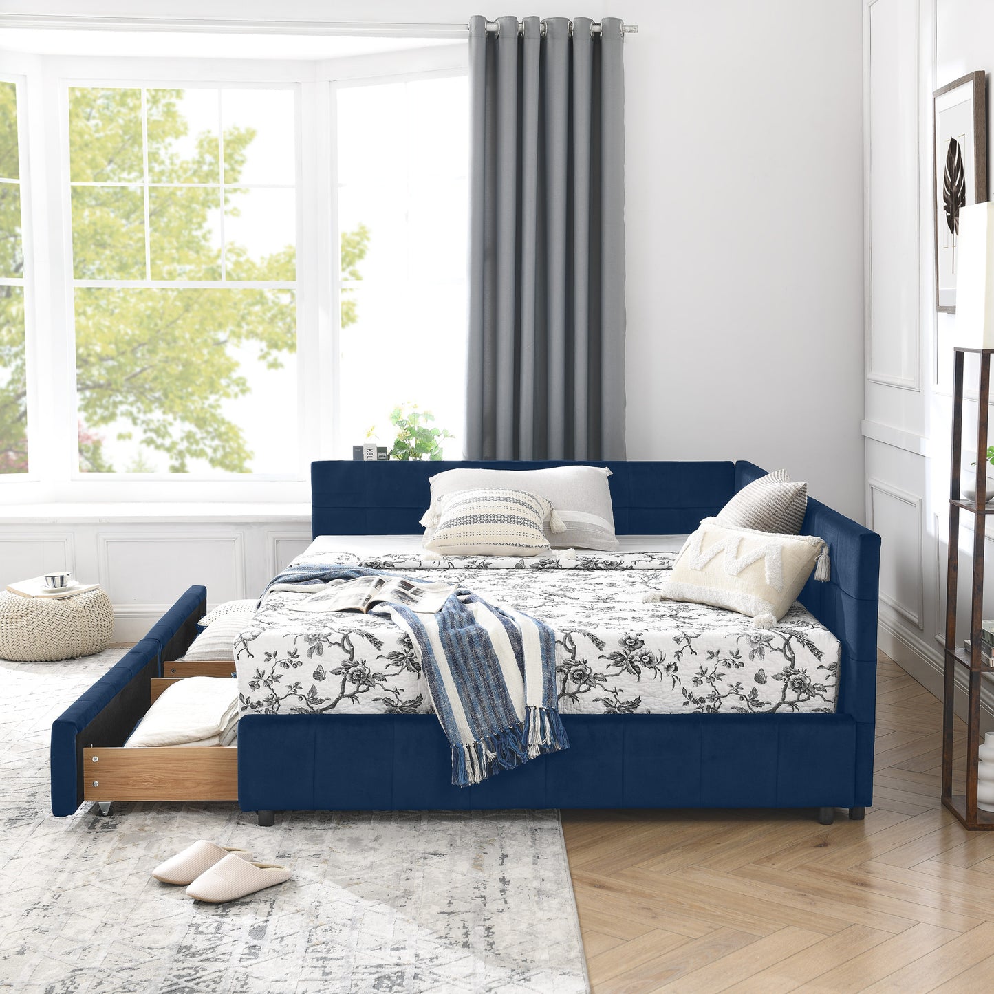 Full Size Storage Upholstered Tufted Bed Frame, Sofa Bed Frame with Comfortable Backrest and Armrests, Full Size Bed for Bedroom, Living Room,Velvet, DARK BLUE(80.5''*59''*29.5'')