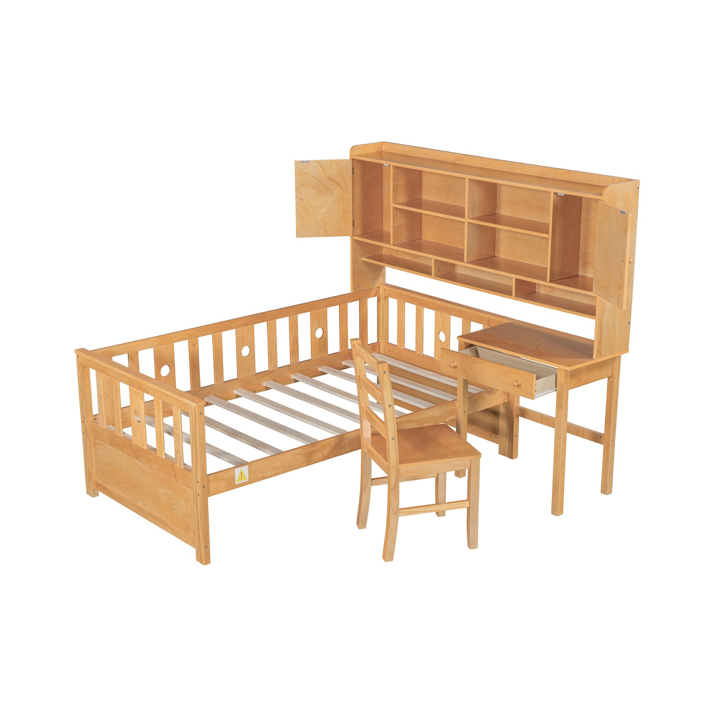 Twin Size Multifunctional Wood Platform Bed with Bookshelf at the Head of the Bed, Built-in Desk and Matching Chair, Natural