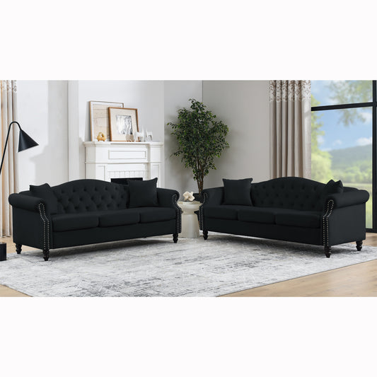 79" Chesterfield Sofa Black Velvet for Living Room, 3 Seater Sofa Tufted Couch with Rolled Arms and Nailhead for Living Room, Bedroom, Office, Apartment, 3S+3S