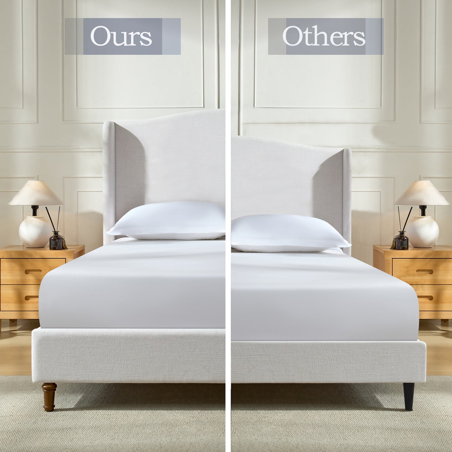 Hannah Upholstered Wingback Bed Size Queen / Tall 54" Headboard Upholstered Queen Bed / Premium Textured Canvas Chenille Look Ivory / Minimalist Designs / No Box Spring Needed / Easy Assembly / Queen