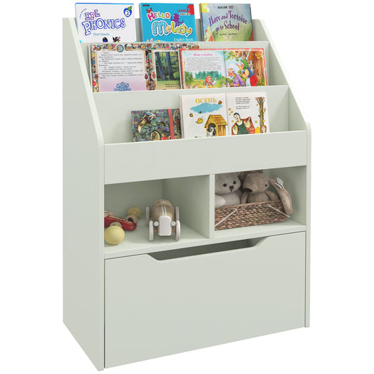 HOMCOM Kids Bookcase Multi-Shelf Rack Organizer with Storage Drawer for Books, Playroom, Pale Green