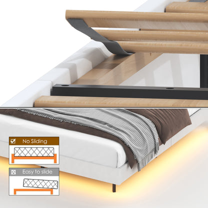 Queen Floating Bed Frame with LED Light and Charging Station Upholstered Platform Bed Frame Queen Size with Headboard and Hidden Storage Space, No Box Spring Needed, Beige