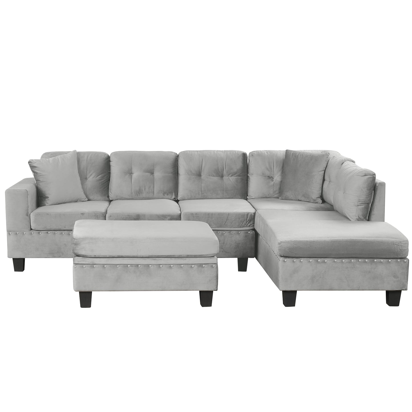 Modern Sectional Sofa with Storage Ottoman, L-Shape Couch with 2 Pillows and Cup Holders, Gray Velvet, 105 inch