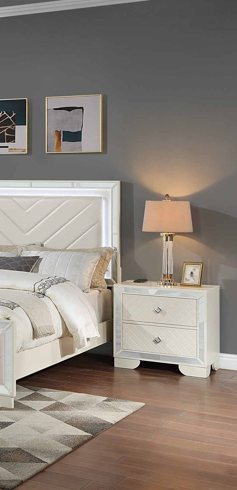 Classic Luxury Look Cream 1pc Nightstand Wooden Bedside Table 2x Drawers w Mirror Glass Panel Bedroom Furniture