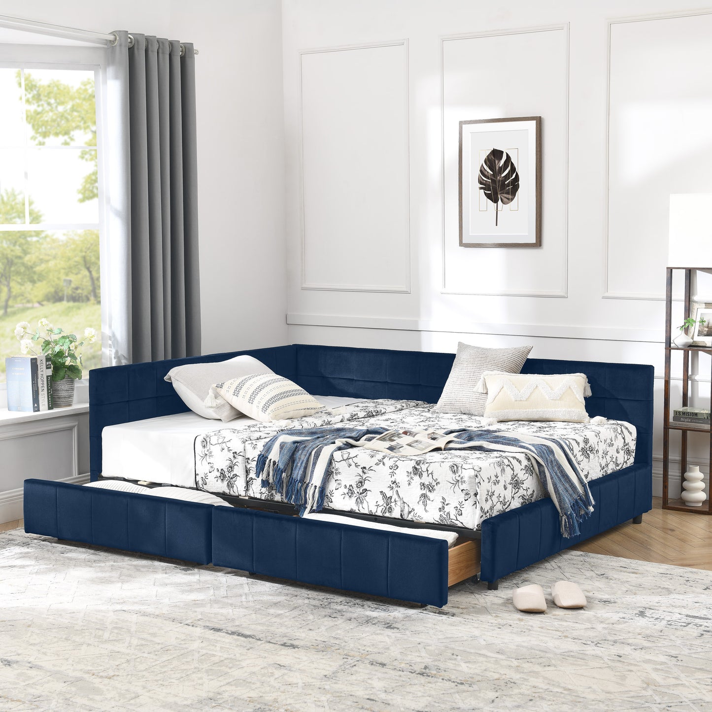Full Size Storage Upholstered Tufted Bed Frame, Sofa Bed Frame with Comfortable Backrest and Armrests, Full Size Bed for Bedroom, Living Room,Velvet, DARK BLUE(80.5''*59''*29.5'')