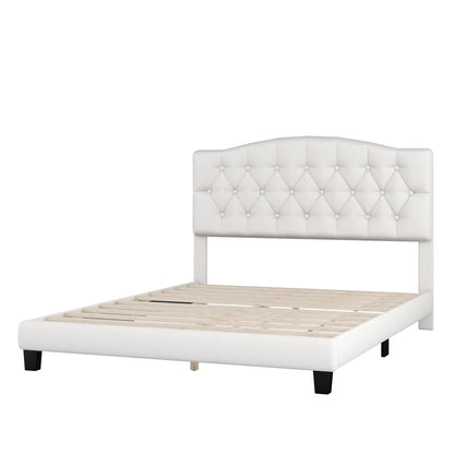 Upholstered Platform Bed with Saddle Curved Headboard and Diamond Tufted Details, Queen, Beige