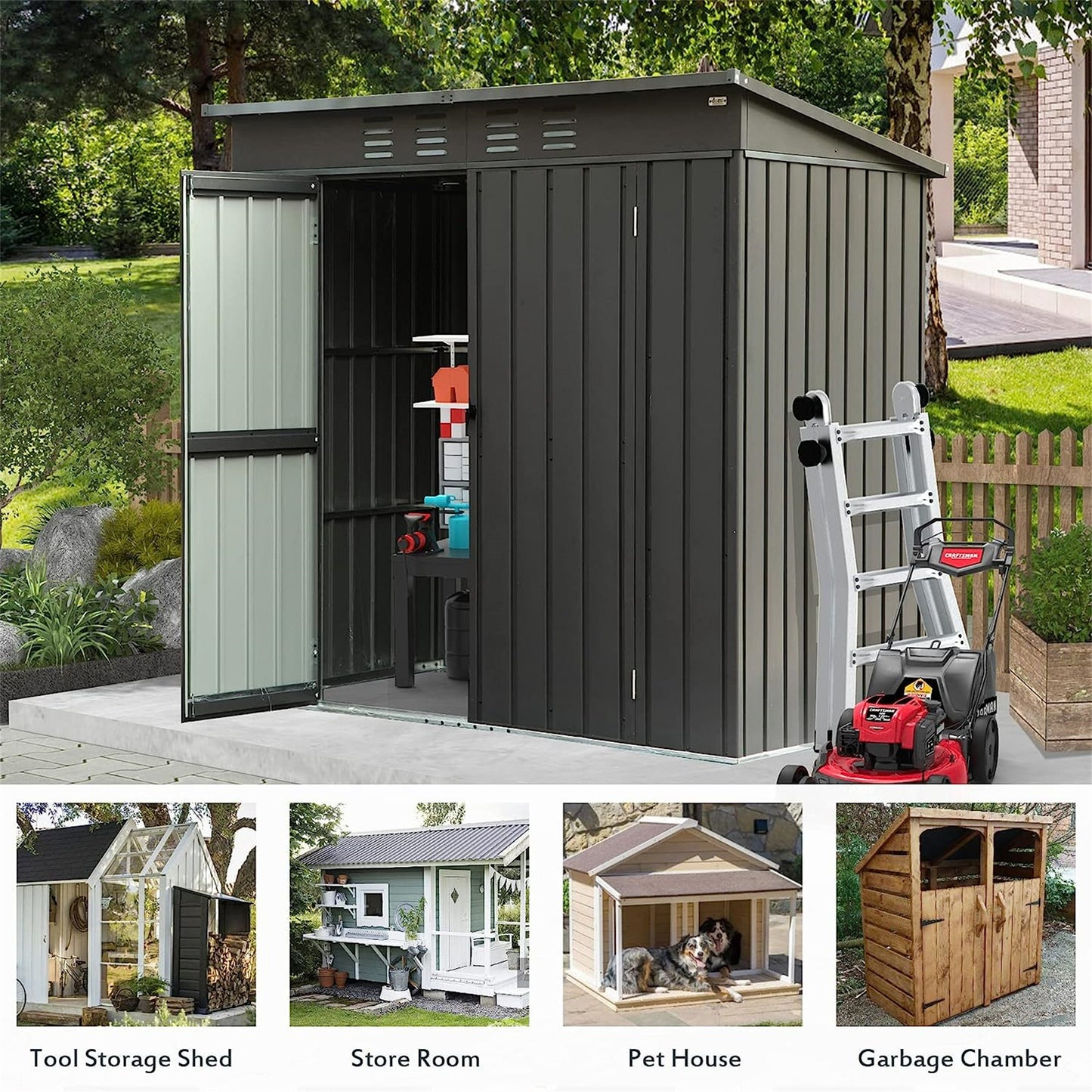 Backyard Storage Shed with Sloping Roof Galvanized Steel Frame Outdoor Garden Shed Metal Utility Tool Storage Room with Latches and Lockable Door (6x4ft, Dark Gray)