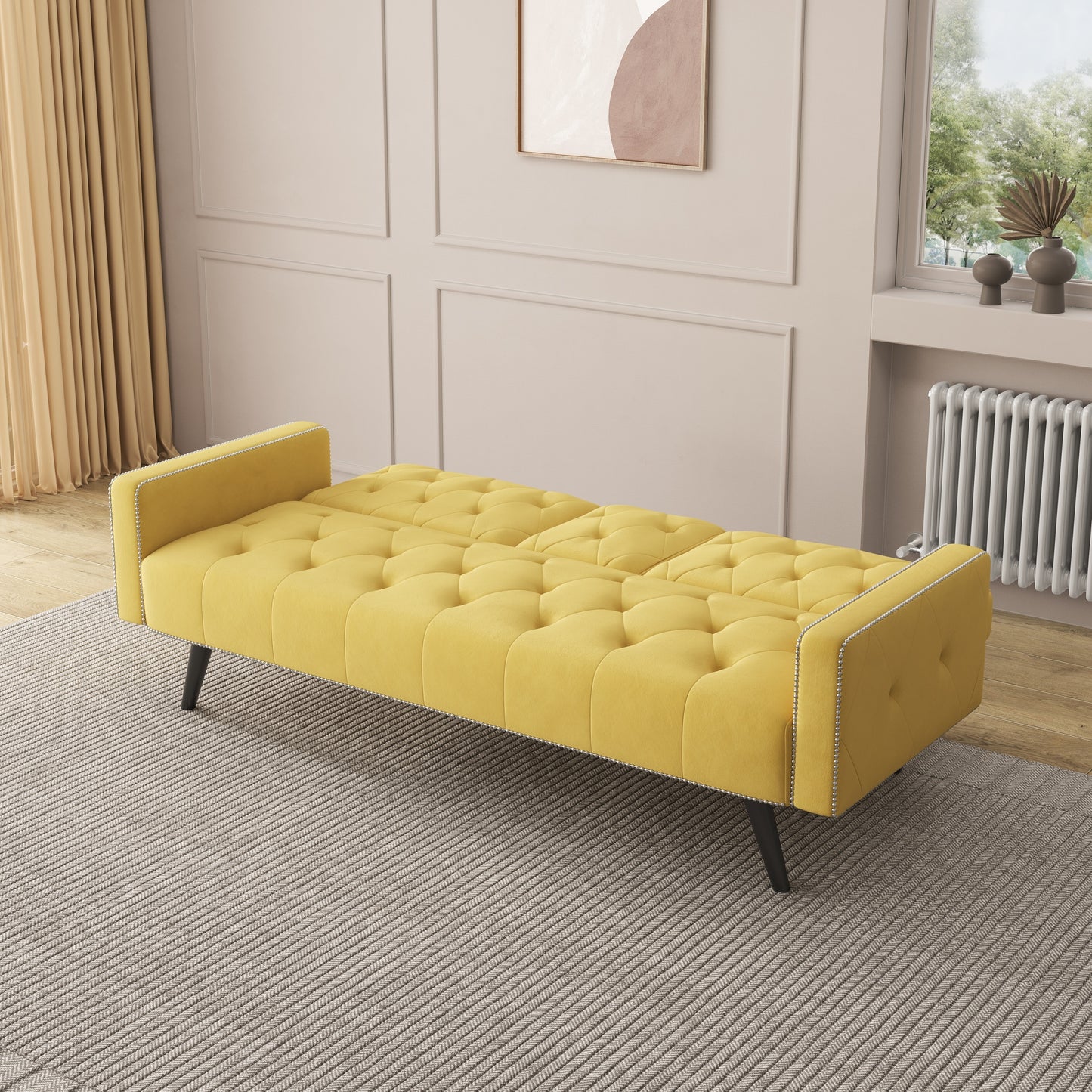 Compact Yellow Velvet Sofa Bed with Nailhead Trim Armrests & Dual Cup Holders - Perfect for Small Spaces, 72-Inch Length