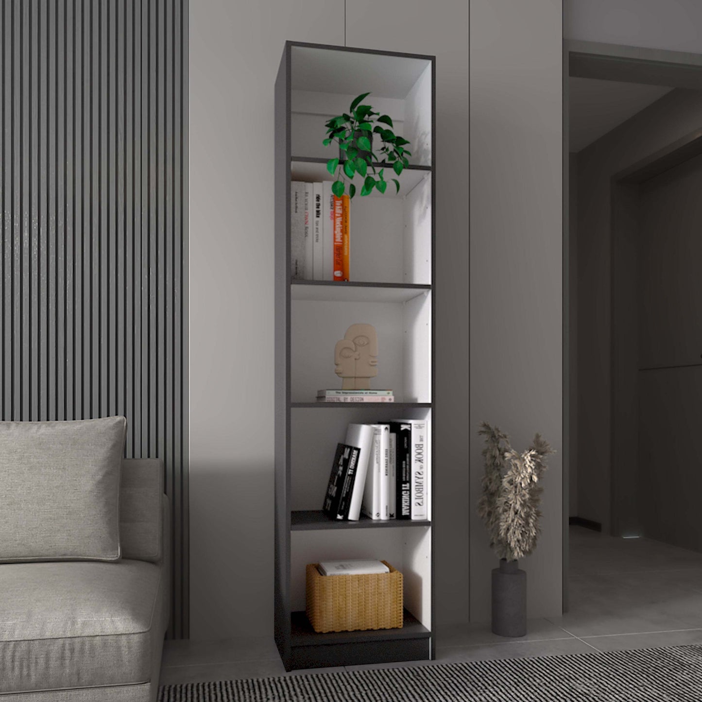 Zachary Matt Gray and White 5-Shelf Slim Bookcase