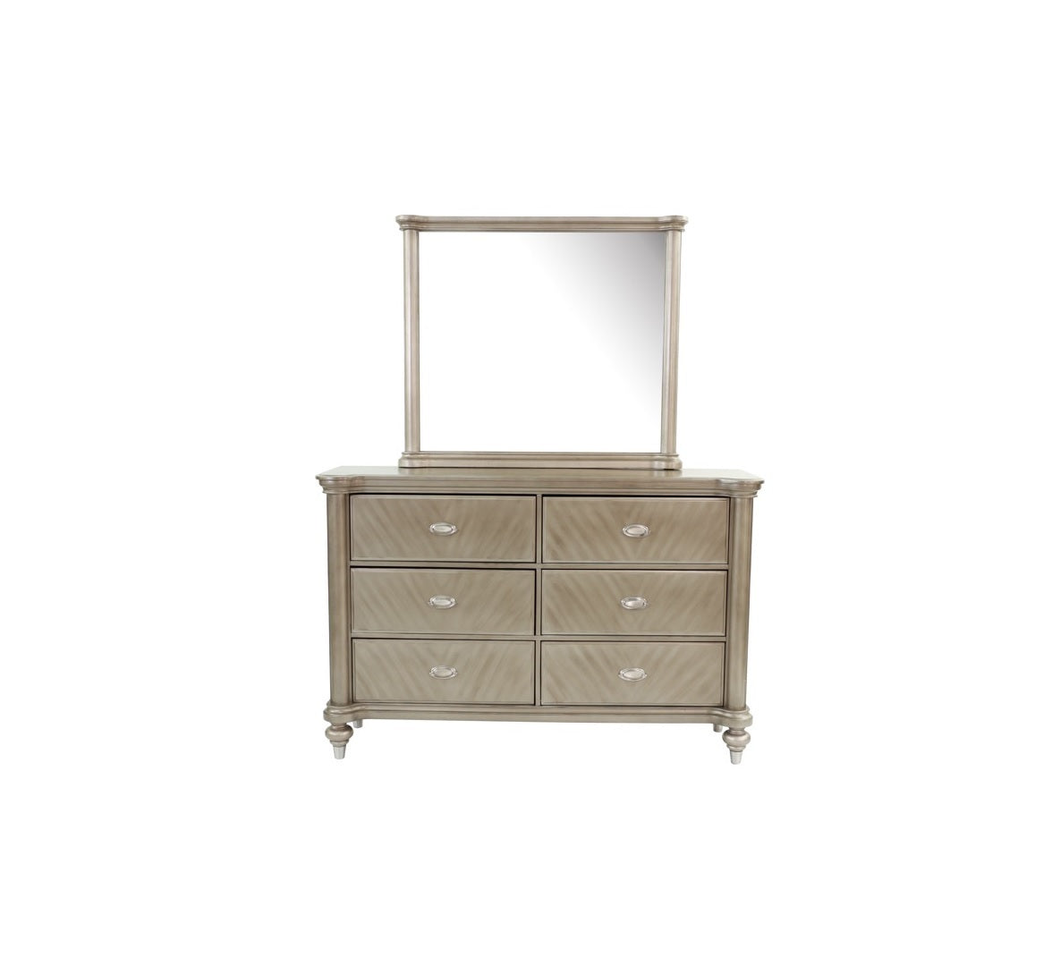 Luxury Antique Silver / Champagne Finish Dresser w Mirror Storage Space Drawers Bedroom Furniture